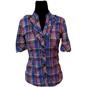 Blue & Pink Plaid Western Ruffled Button Down Shirt Top Women’s Size Medium